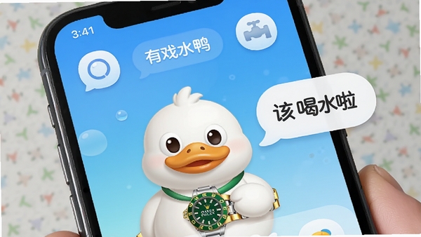 有戏鸭智能提醒功能截图风格预览，手机屏幕界面中，一只卡通鸭子戴着劳力士手表，旁边弹出气泡对话框显示“该喝水啦”，背景为清爽的渐变蓝色，UI图标圆润可爱，强调趣味提醒的核心功能。