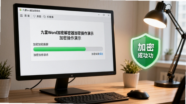 九雷Word加密解密器加密操作演示，电脑屏幕前显示加密进度条，旁边有加密成功的提示图标，背景为办公桌面，光线柔和，突出软件加密功能的便捷性