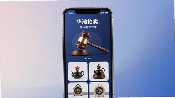 华渤拍卖主视觉图，画面中心展示手机界面，界面内呈现拍卖锤与精美拍品图片，背景为柔和渐变色，整体风格现代商务，突出在线拍卖的便捷与专业，画面干净清晰，适合作为应用宣传图