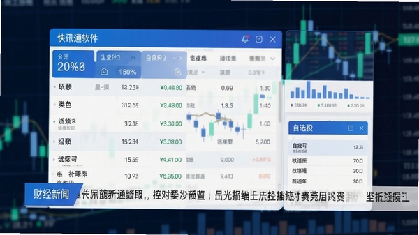 快讯通软件主界面预览图，展示实时行情列表、财经新闻滚动栏与自选股板块，整体风格现代简洁，蓝白配色，背景为模糊的股市K线图，画面清晰，适合软件介绍页面