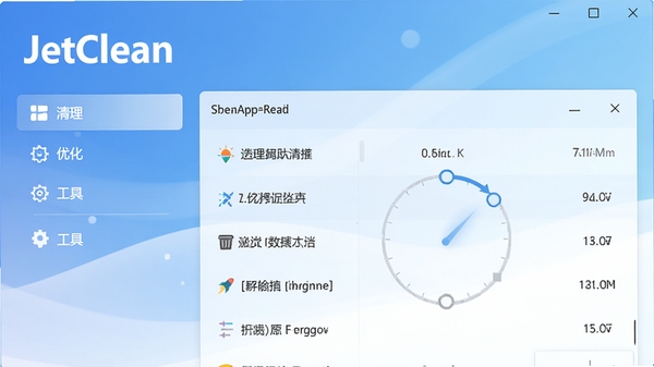 JetClean主界面预览图,展示其简洁清晰的软件布局,左侧功能列表包含清理、优化、工具等栏目,右侧为扫描结果区域,整体风格现代清爽,背景为柔和的蓝白渐变色调,软件名称JetClean以醒目标识显示在界面左上角,画面比例16:9,高清渲染