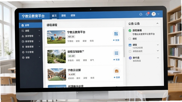 宁教云教育平台主界面截图，展示清晰的导航栏、课程列表和公告区域，背景为简洁的教室或书房场景，整体风格明亮专业，突出软件的综合管理功能。