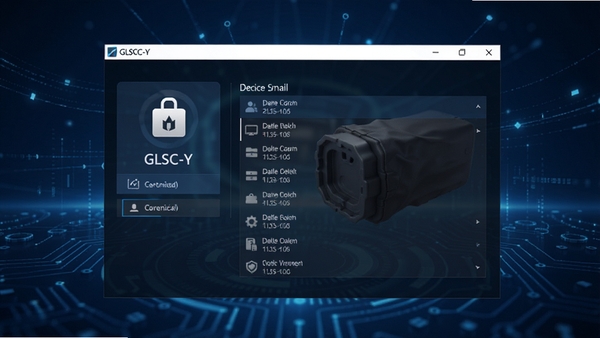 特工移动硬盘加密软件（GLSCC-Y）的主界面预览图，展示简洁清晰的软件操作面板，背景为深蓝色科技感氛围，软件窗口居中显示，突出加密功能和设备列表区域