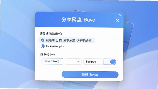 盛大网盘创建分享链接的弹窗界面，包含链接有效期选项与提取码设置区域，背景为淡雅的蓝色渐变，突出安全分享的核心功能