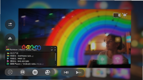 视彩听虹（Rainbow Media Player）播放高清视频时的画面效果图，视频画面色彩鲜艳，左下角显示格式信息窗口，周围有半透明的控制按钮，背景虚化处理，突出播放画质