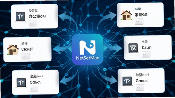 NetSetMan功能展示图，画面中心为软件图标，周围环绕多个网络配置文件卡片，每张卡片代表一个场景（如办公室、家、出差），卡片间有箭头指示切换方向，背景为科技感十足的蓝色网络节点线条，突出一键切换的便捷特性