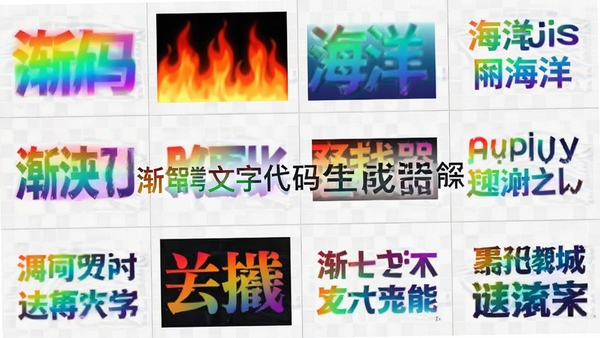 渐变文字代码生成器功能预览图,展示多种渐变预设效果,包括彩虹渐变、火焰渐变、海洋渐变等,文字以不同渐变样式呈现,背景为浅灰色网格,画面中央有软件名称水印