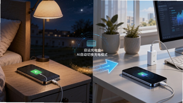 迎运充电盒智能场景识别功能预览图，画面左侧是夜间卧室床头柜上手机正在充电，右侧是一个白天办公室桌面上手机连接充电器，中间用动态箭头连接，展示AI自动切换充电模式的流程，暖色调与冷色调对比，科技感插画风格