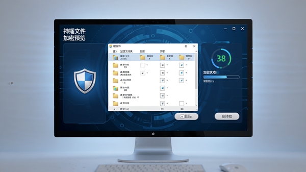 神盾文件夹加密软件界面预览,主窗口展示加密文件夹列表和操作按钮,背景为深蓝色科技感渐变,左侧有盾牌图标,右侧显示加密状态与进度条,整体风格简洁清晰,桌面电脑屏幕居中展示,周围有柔和光效,高清渲染