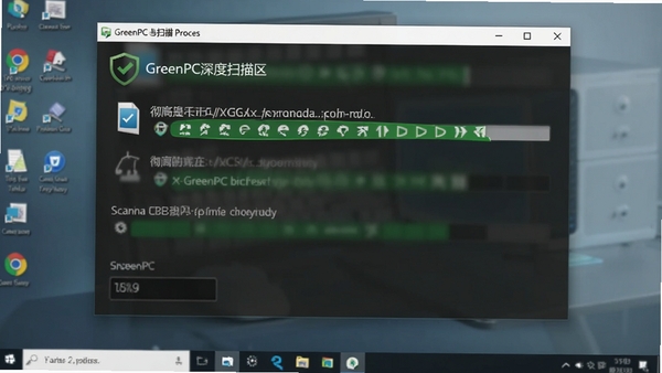 GreenPC深度扫描过程截图,界面显示正在扫描的文件路径和进度条,背景为半透明的系统桌面,突出扫描的彻底性