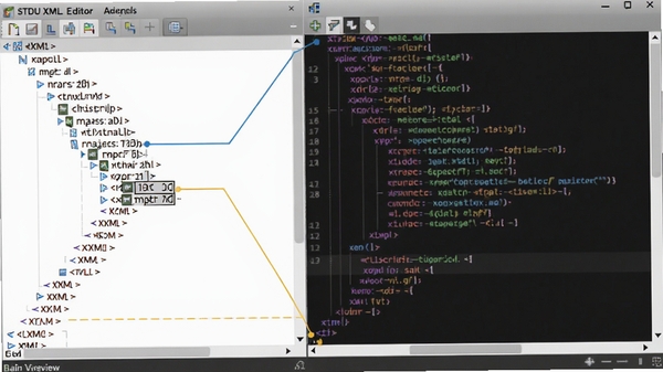 STDU XML Editor 双栏视图功能展示图，左侧是折叠的 XML 树状节点，右侧是对应的彩色代码，用线条连接表示对应关系。