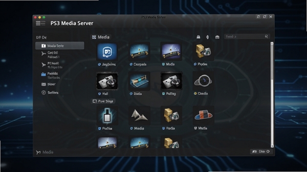 PS3 Media Server界面截图，展示主窗口与媒体库列表，背景为深色科技感风格，图标清晰，整体氛围专业