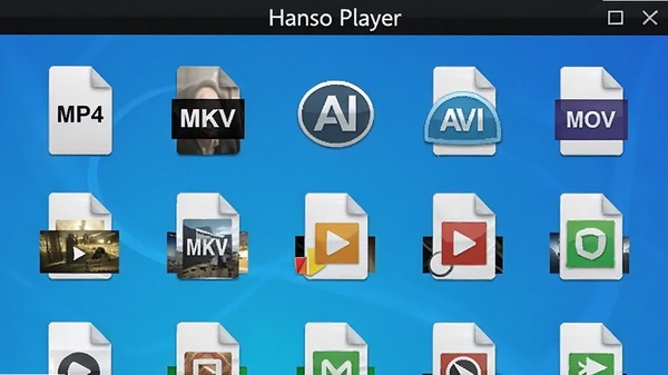 Hanso Player 播放器界面显示多种视频文件格式图标,包括MP4、MKV、AVI、MOV等,背景为渐变蓝色,图标排列整齐,带有文件缩略图,画面明亮清晰,软件名称Hanso Player以白色字体显示在顶部中央