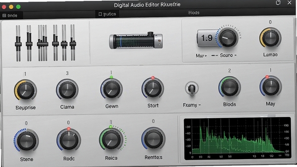 Digital Audio Editor效果器插件列表界面，显示均衡器、压缩器、混响等效果器图标，参数调节旋钮和频谱图清晰可见，界面风格专业现代，软件名称出现在插件列表顶部