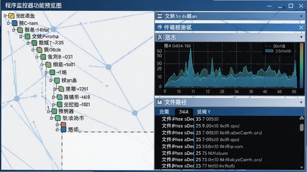 程序监控器功能预览图，画面左侧为进程树形结构图，右侧显示选中进程的详细信息面板，包含性能图表和文件路径，背景采用蓝白配色，信息层次分明。
