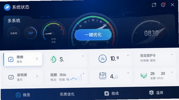 手机刷机管家主界面截图，展示系统状态仪表盘、一键优化按钮与功能导航栏，背景为深蓝色科技感渐变，界面元素高亮清晰，整体风格专业且现代化