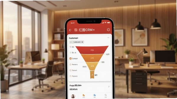 红圈CRM+ 手机界面展示,前景为智能手机屏幕显示客户列表与销售漏斗图表,背景为现代办公室场景,暖色调,细节丰富,产品渲染风格