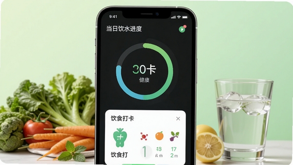 饮时记软件主界面预览图，画面中央是一部手机，屏幕上显示当日饮水进度环和饮食打卡卡片，背景是柔和的浅绿色渐变，搭配新鲜蔬果和一杯清水，整体风格清新自然，突出健康记录主题