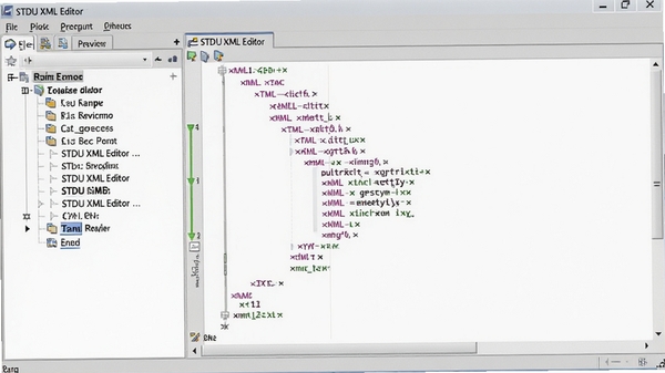 STDU XML Editor 软件主界面预览图，左侧为树形节点导航栏，右侧为代码编辑区域，整体采用浅灰色调，界面布局清晰，展示 XML 文件结构。