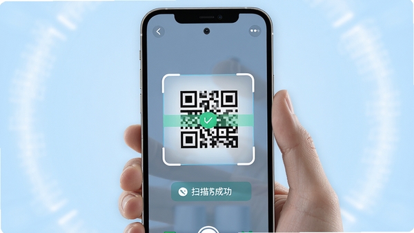 微二维码查扫扫主界面展示,手机屏幕中央显示扫描框,背景为淡蓝色渐变,四周有柔和光效,界面简洁清晰,二维码识别成功提示,现代风格,高清渲染
