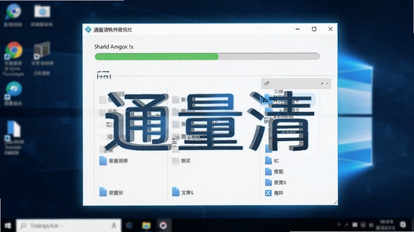 通量清软件磁盘清理功能运行预览图,画面显示扫描进度条和文件分类列表,背景是电脑桌面,软件窗口高亮显示,突出通量清三个字,画面清晰明亮