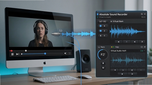 Absolute Sound Recorder功能示意图，画面左侧显示电脑屏幕正在播放音乐视频，右侧为软件操作面板，面板上显示虚拟声卡已激活，一条清晰的音频信号流线从屏幕连接到录音软件，突出内部音频捕获功能