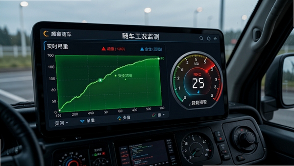 耀鑫随车吊工况监测界面，图表展示实时吊重曲线，数字仪表盘风格，绿色区域为安全范围，红色区域为超载预警，背景为驾驶室视角，科技感十足，暗色调，数据高亮显示