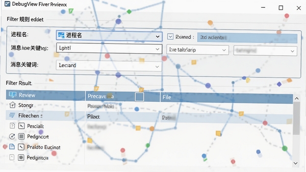 DebugView过滤设置界面预览图，展示过滤规则编辑框，包含进程名、消息关键词等条件，以及过滤结果预览，界面简洁明了