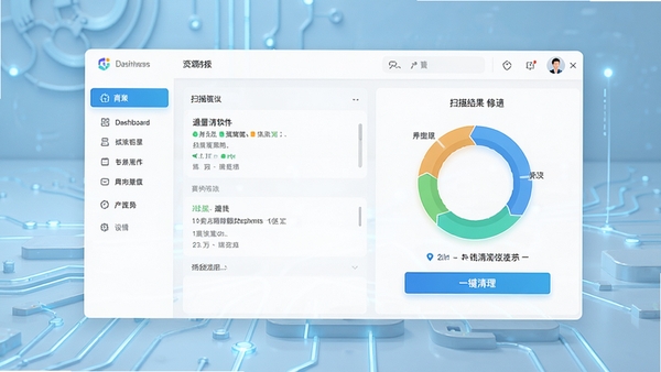 通量清软件主界面预览图，展示其清爽简洁的仪表盘风格，左侧为功能导航栏，右侧为扫描结果环形图与一键清理按钮，背景为现代简约的浅蓝色科技感桌面