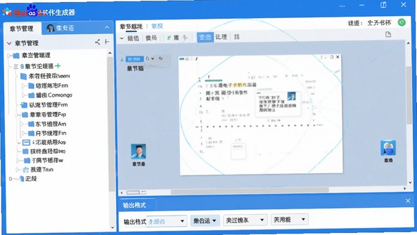 百度通电子书制作生成器主界面预览图,展示软件启动后的主窗口布局,左侧为章节管理树形列表,右侧为可视化编辑区域,下方为输出格式选择栏,整体风格以蓝白科技色调为主,界面元素清晰整洁,适配Boogu模型生成