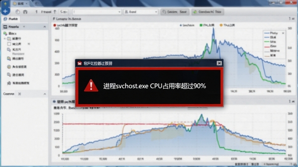 程序监控器预警提示截图，屏幕上弹出红色边框的警告窗口，内容为“进程svchost.exe CPU占用率超过90%”，背景为监控主界面，图表显示高峰曲线