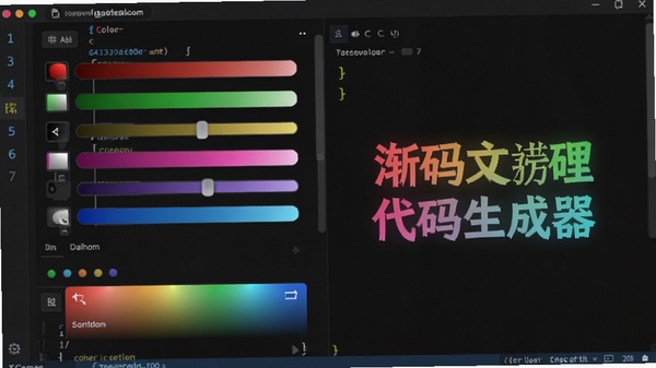 渐变文字代码生成器主界面截图,展示渐变色彩选择区域与实时预览窗口,背景为深色代码编辑器风格,画面左半部分为颜色滑块与渐变方向设置,右半部分为文字预览区,整体色调明亮且富有科技感