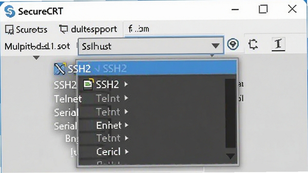 SecureCRT软件界面,展示协议选择下拉菜单,包含SSH2、Telnet、Serial等选项,背景为浅灰色窗口,高亮显示SSH2选项,画面清晰,突出SecureCRT的多协议支持功能