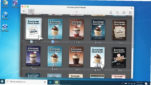 Icecream Ebook Reader 批量导入书籍的界面,展示多个电子书文件被拖拽到软件窗口,书架上自动生成书籍封面缩略图,背景为简洁的电脑桌面,光线明亮