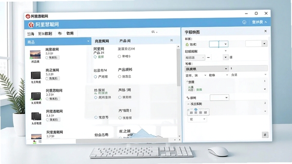 阿里慧聪网批量复制发布产品软件主界面截图,左侧为商品列表,右侧为字段映射配置区域,背景为简洁的办公桌面,整体色调以浅蓝和白色为主,风格现代清晰,突出软件的功能布局。
