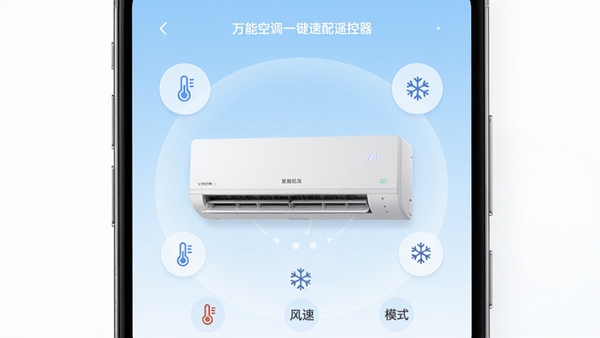 一款现代简约风格的智能手机屏幕特写，屏幕显示万能空调一键速配遥控器主界面，背景为淡蓝色渐变，画面中央有一个大大的空调室内机模型，周围环绕着温度、风速、模式等图标，整体色调清新明亮，突出智能控制主题，画面清晰，适合软件宣传图。