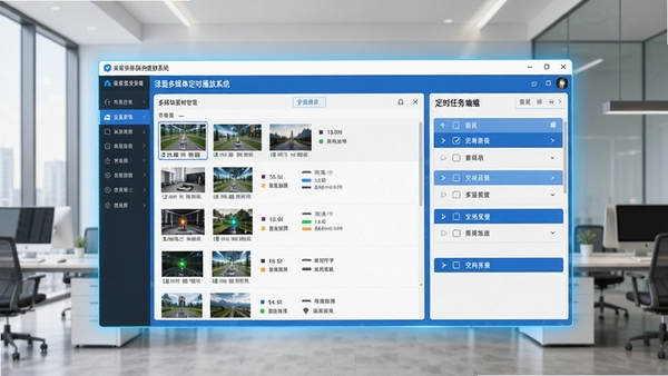 绿茵多媒体定时播放系统主界面预览图,展示其多媒体素材管理列表与定时任务编排面板,背景为现代简约的办公环境,画面清晰,软件界面高亮显示,整体色调以蓝白为主,突出专业与科技感