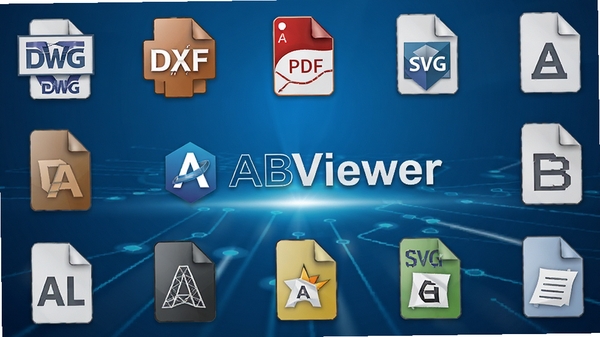 ABViewer文件格式支持界面，显示多种CAD文件格式图标如DWG、DXF、PDF、SVG等，背景为渐变蓝色科技感，图标以3D立体效果呈现，画面中央有ABViewer软件标志，整体风格专业大气