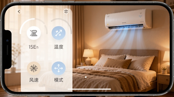 万能空调一键速配遥控器操作演示图，画面为手机横屏界面，显示温度调节、风速、模式等圆形图标，背景为温馨卧室环境，空调正在运行，光线柔和，色调温暖，突出功能全面性，适合操作展示。