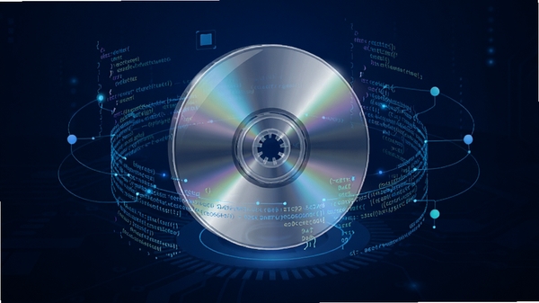 一幅展示DVD/CD光盘刻录SDK开发包核心功能的宽幅概念图,画面中央是一个透明的3D光盘图标,周围环绕着编程代码字符流与数据节点,背景采用深蓝色科技感渐变,整体风格专业且具有现代感,突出软件集成开发与光盘数据写入的主题