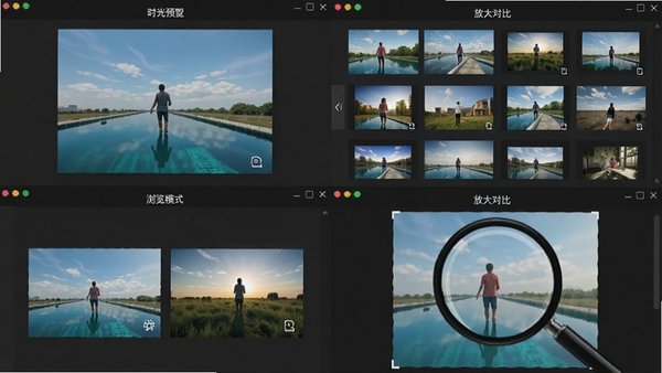 时光看图软件多种浏览模式展示,界面分割成四个小窗口,分别展示单张预览、缩略图网格、双图对比和放大镜细节四种模式,每个窗口内都有相应的图片示例,界面标注清晰,布局直观