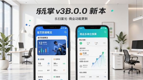 乐扫掌柜v3.0.0版本功能更新宣传图，画面主体为手机界面展示新增的首页数据概览卡片和商品多单位换算界面，背景为现代简约的办公环境，色彩明快，突出新功能的直观与便捷