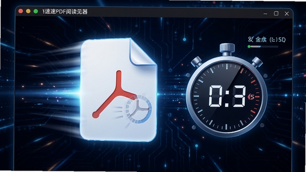 光速PDF阅读器快速打开大型PDF文件的场景，屏幕显示一个巨大的PDF文件图标飞速加载完成，旁边有秒表计时器显示0.3秒，背景为深色科技感光效，细节表现文件加载速度极快