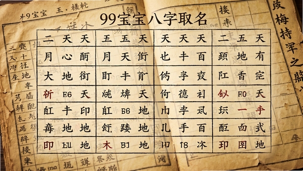 99宝宝八字取名的八字排盘功能特写，画面中央显示一个完整的四柱八字表格，包含天干地支和五行属性标注，背景衬以古旧的黄历书页纹理，营造专业严谨的视觉氛围