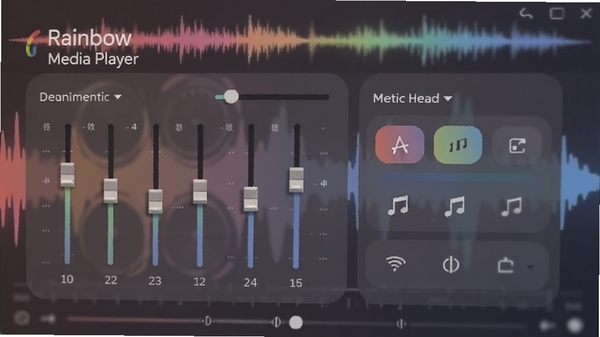 视彩听虹（Rainbow Media Player）音频设置面板特写，显示均衡器滑块与音效模式选项，背景为音乐波形图，色调柔和，强调软件音频处理功能