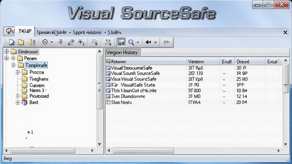 Visual SourceSafe 软件主界面预览图,展示项目文件树结构、版本历史列表以及工具栏按钮,背景为淡蓝色渐变,整体风格简洁清晰,突出软件名称Visual SourceSafe。