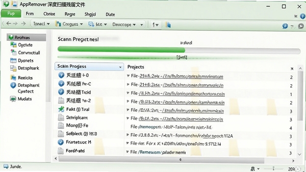 AppRemover深度扫描残留文件界面截图，显示扫描进度条和发现的项目列表，包括注册表项、文件路径等，背景为系统文件资源管理器风格，色调以绿色和灰色为主，体现安全高效的清理过程