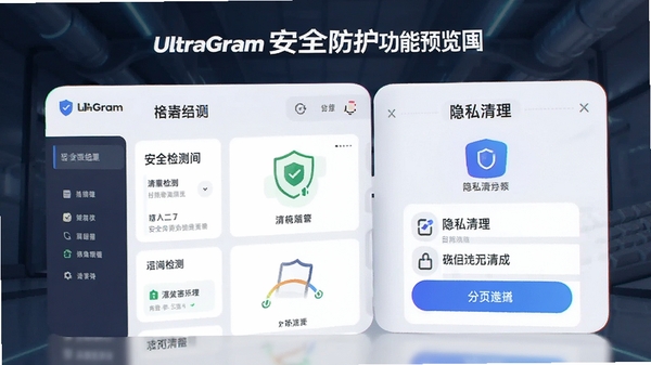 UltraGram安全防护功能预览图，展示安全检测结果和隐私清理选项。