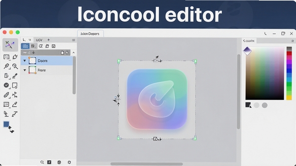 Iconcool editor主界面展示,左侧工具栏与右侧画布清晰可见,整体设计风格现代且简洁,背景采用柔和的浅灰色调,软件名称以醒目标题显示在界面顶部,画布中有一个正在编辑的半透明彩色图标,周围分布着图层管理面板和颜色选择器