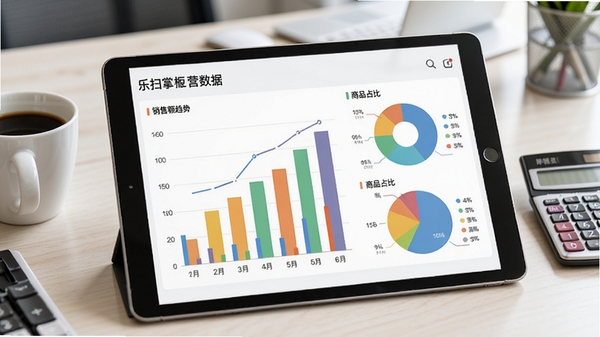 乐扫掌柜经营报表数据图表预览图，画面主体为平板电脑上显示的彩色柱状图和饼图，展示销售额趋势与商品占比，背景为办公室桌面，有咖啡杯和计算器，风格专业简洁
